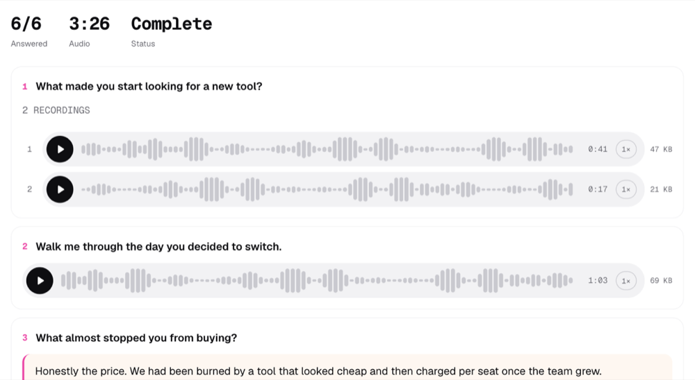 A completed response showing six of six answered, three minutes twenty-six of audio, with waveform players for each recording and a typed answer below.