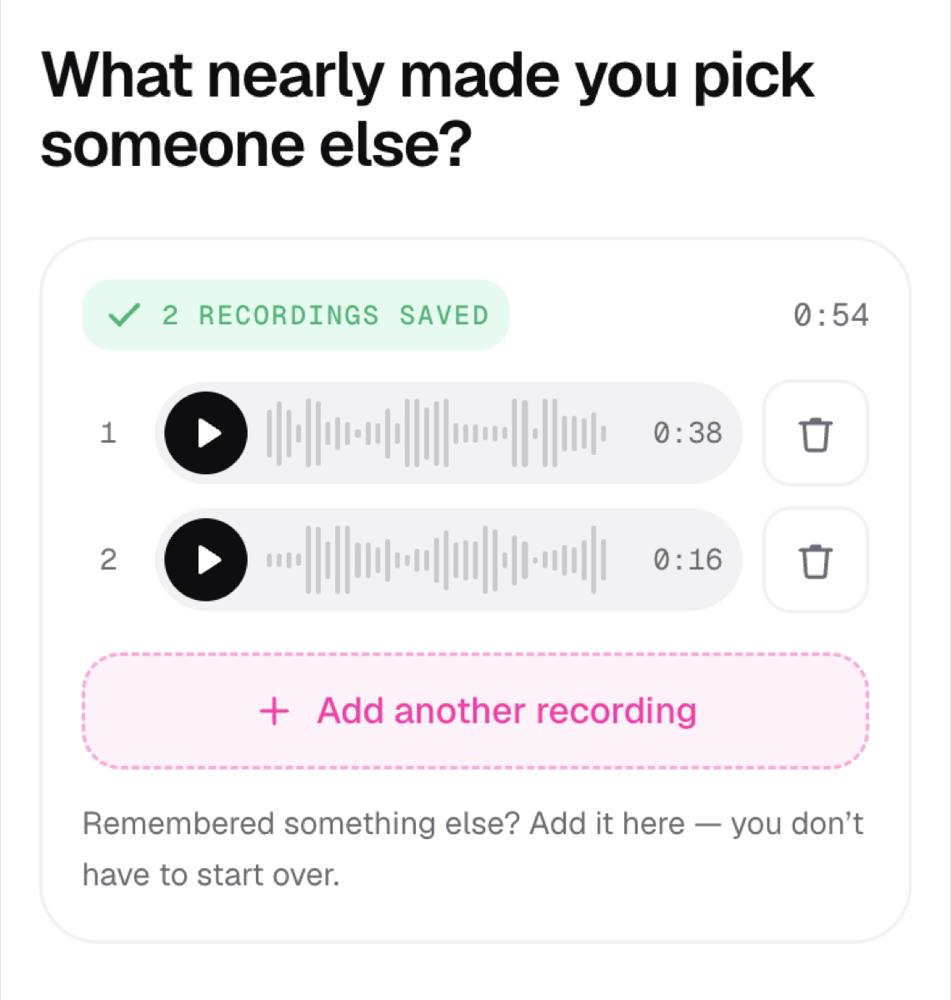 A question showing two saved recordings with waveforms, a “2 recordings saved” badge, and a button to add another recording.